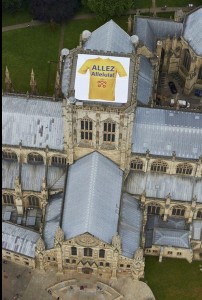 York Minster with 'Allez Alleluia' slogan on a giant t-shirt